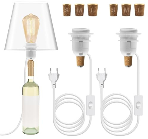 2PCS Adaptateur Bouteille pour Douille de Lampe, 240CM Câble, Blanc Douille E27 avec Interrupteur, Support Lampe Bouteille, 3 Bouchons Souples, Kit Lampe Bouteille pour Différent Abat Jour