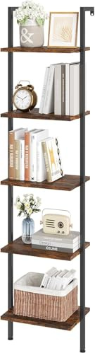 ELYKEN Ladder Shelf, 5-Tier Wood Wall Mounted Bookshelf with Metal Frame, Vintage Open Display Organizer Rack, Leaning Storage Shelves for Living Room, Bedroom, Home Office, Rustic Brown