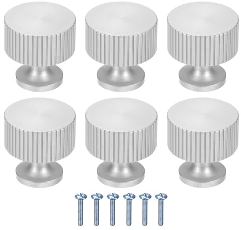 M METERXITY 6-Pack Silver Cabinet Knobs, 1-1/10 Striped Round Modern Aluminum Knobs Handles for Dresser Drawers/Office Decorative/Kitchen Bathroom Door [Silver]