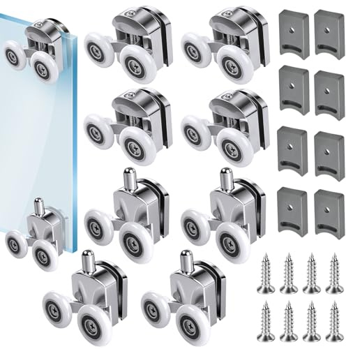 8Pcs Shower Door Rollers, 23mm Shower Door Wheels for Curved Doors Glass Doors, Twin Wheels Pulleys Bathroom Replacement Shower Door Roller with Anti-Collision Block and Screws