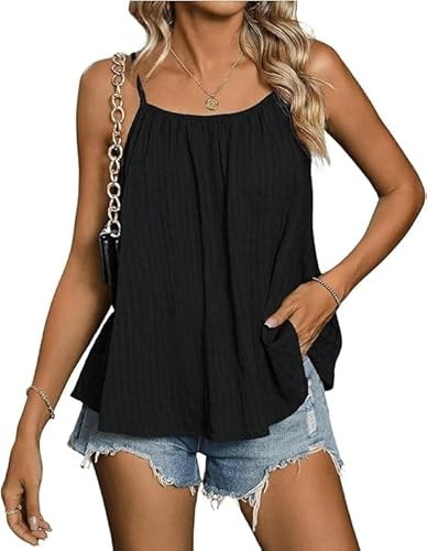 Sukiglam Camisetas sin Mangas Mujer Verano Tank Tops con Cuello Redondo Holgada Transpirable Camisola Shirt con Tirantes Ajustables Camiseta Casuales Chaleco Top Básica Plisada Camisa Blusas