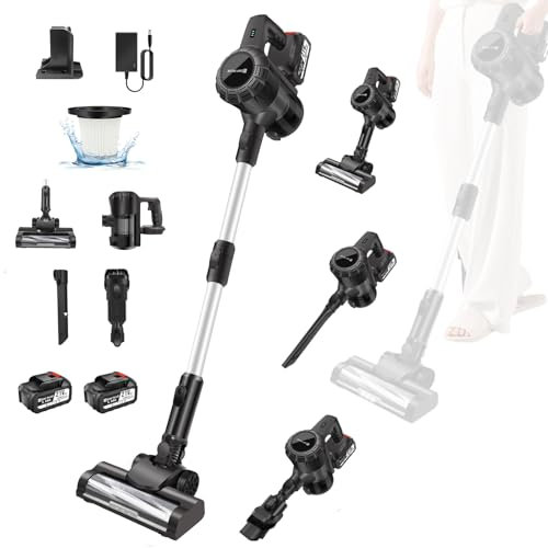 6-in-1 Vacuum Cleaner Cordless Powerful with LED, 2x3000mAh Rechargeable Battery, 15000PA Stick Vacuums Electric Brooms Self-Standing Lightweight Handheld Upright Vacuum Cleaners for Hard Floor Carpet