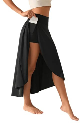 Onsoyours Damen Sommer Ruffle Wickelrock Lang Asymmetrische Rock Hohe Taille Tennisröcke mit Taschen Laufröcke Sport Golfrock mit Innenhose A Schwarz L