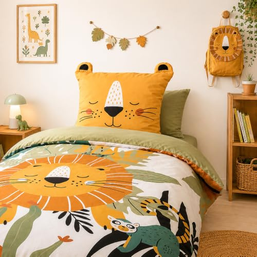CÔTE DECO Bettwäsche für Kinder, Löwe, 140 x 200 cm + 1 Kissenbezug 63 x 63 cm, 2-teilig | Gesteppte Ohren, Motiv Savanne Tiere, Mikrofaser
