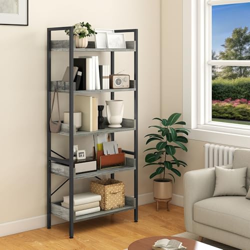 YITAHOME 5-stöckiges schmales, hohes Bücherregal, offenes Bücherregal mit 4 Haken, industrielles Lagerregal für Wohnzimmer, Home Office, graues freistehendes Regal