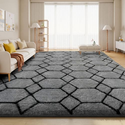 Treeboy Hochflor Teppich Grau Carpet Wohnzimmer 160x230 Große Waschbar | Anti-Rutsch Extra Große Teppiche Schlafzimmer Flauschige Moderne Teppiche Matte Teppichen für Schlafzimmer Kinderzimmer