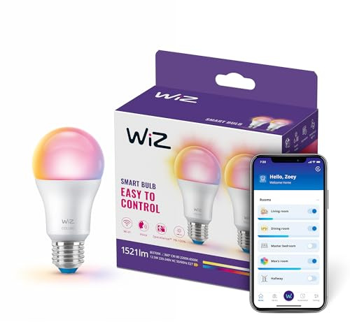 WiZ Ampoule LED connectée A60, Blanc ajustable et Multicolore, Culot E27, Équivalent 100 W, 2200-6500 K, 1521 lumens, Intensité réglable, Compatible Alexa, Google Assistant et Apple HomeKit, pack de 2