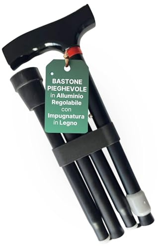 REMEDIA ONE Bastone per Anziani Pieghevole in Alluminio Anodizzato, Nero | Bastone da Passeggio con impugnatura in legno, Regolabile nelle versioni corta 77,5-87,5 cm e lunga 82,5-92,5 cm