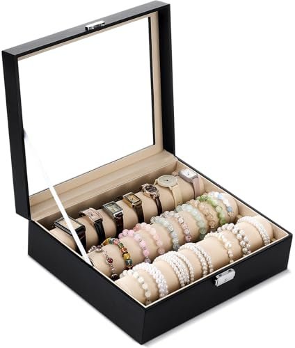 Nosiny Bracelet Display Holder with 3 Removable Rolls Bangle Organizer Display Clear Lid Bracelet Organizer Box Jewelry Storage Case for Women Girls Retail Bracelets Watch Stores Vendors, Black