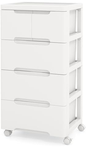 GOPLUS Carro de Almacenamiento de Plástico con Cajones, Mueble Organizador Móvil con 4 Ruedas Universales, Contenedor de Almacenamiento Vertical para Dormitorio, Oficina (Blanco,5 Cajones)