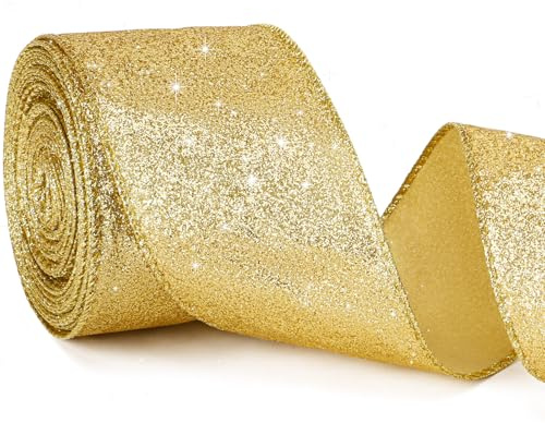 Augshy 15 m Weihnachtsband, 6 cm breites, goldfarbenes Glitzerband mit Draht zum Verpacken von Geschenken, weihnachtliches metallisches Glitzerband, Bastelband für die Weihnachtsbaumdekoration