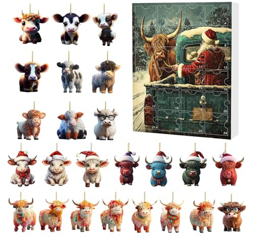 Chaies Calendario 'Avvento Highland 24 giorni | Conto alla rovescia Decorazioni 2D Acrilico Ornamenti, Bestiame Decor Albero Festa Specchio Auto Porta
