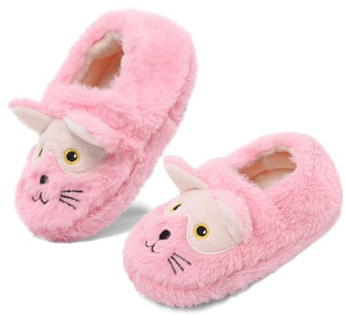 LACOFIA Zapatillas de Estar por Casa para Niñas Pantuflas Peluche Animales Zapatos Invierno Suaves Antideslizantes Niñas Gato Rosa 26/27