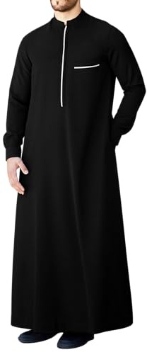 LVCBL Kaftan för män, lång herrkaftan, med fickor, universell passform, M-3XL, svart, L