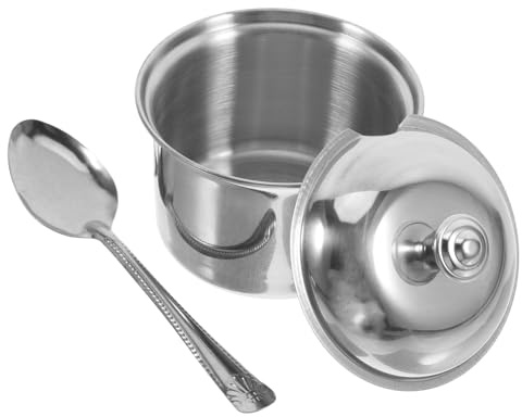 Veemoon Stainless Steel Sugar Bowl Lid and Spoon, Small Kitchen Food Storage Container, Thickened Condiment Canister Pot for Home Coffee Tea Sugar Dispenser