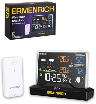 Ermenrich Report WR40 Stazione Meteo con Sensore Esterno e Display a Colori | Termometro e Igrometro Pressione Atmosferica Previsioni del Tempo Data Temperatura Fase Lunare Sveglia e Punto di Rugiada