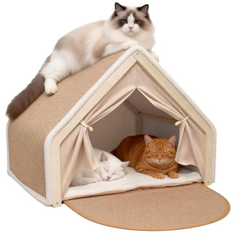Casa para gatos, tienda de campaña de sisal, 2 en 1 de madera, tienda de campaña para interior y rascador para gatos, cueva para dos gatos, refugio para gatos