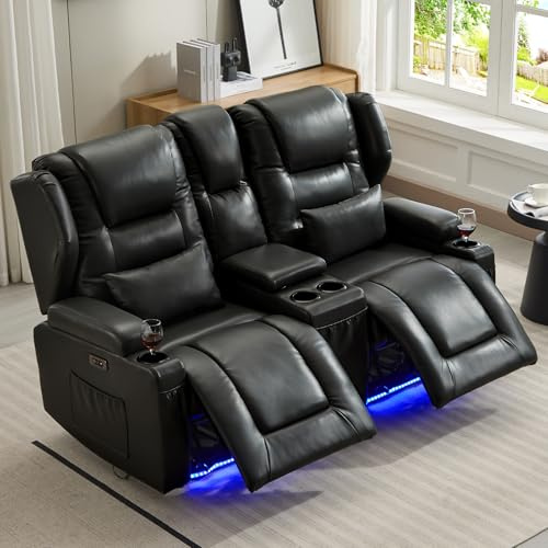 SAMERY Wandnaher 2-Sitzer Relaxsessel mit Liegefunktion, Kunstleder Fernsehsessel Elektrisch Verstellbar, Kinosessel 2 Sitzer Sofa TV Sessel mit Becherhalter, USB, Type-C, LED, Taschen (Schwarz)
