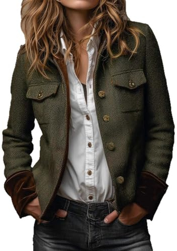 Generisch Giacche in tweed da donna, cappotto verde militare, stile caccia, con bordo in velluto sui polsini, giacca primaverile casual con chiusura a bottoni, bianco, S