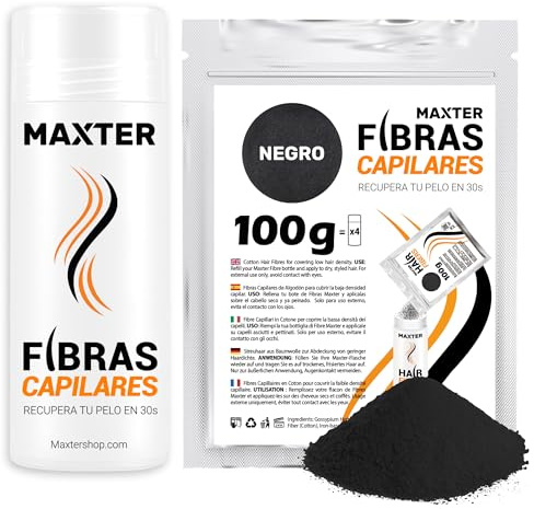 Maxter Streuhaar zur Haarverdichtung SCHWARZ + Nachfüllbeutel 100g - Haarpuder gegen Kaschierung von Haarausfall - Männer und Frauen - Mikrofaser in Pulverform - Hair Fiber