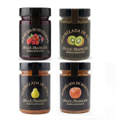 Mermelada Dulce Tradición. Elaboración artesanal. Pack de 4 tarros de 390gr. Frutos Rojos, Kiwi, Manzana y Pera. 63% de fruta fresca de temporada. Sin conservantes, ni colorantes.