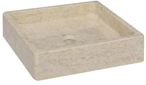 QUAHEAS Waschbecken Creme Marmor 40x40x10 cm Handgefertigtes Aufsatzbecken für Bad Gäste WC mit Hahnloch und Ablaufgarnitur, robustes Sanitärwaschtisch für Waschraum und Doppelwaschtisch