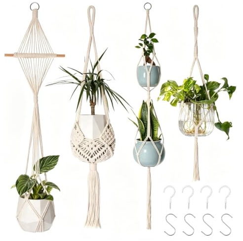 TINA.WIN 4 Stück Makramee Blumenampel Blumenampel Hängend Innen Pflanzenhänger für Innen Außen Balkon Garten Dekoration