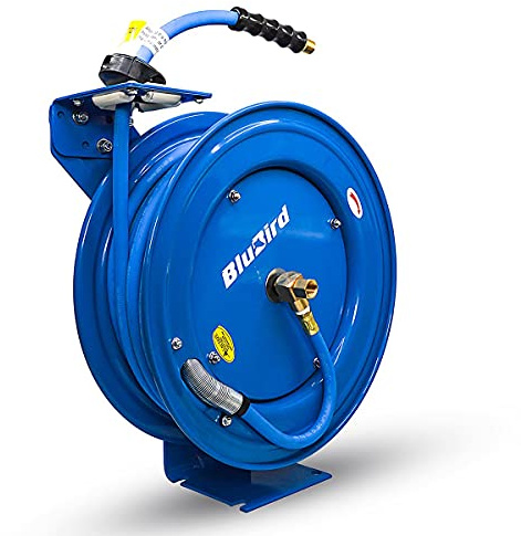 BLUBIRD BBR1265 18ga. Retractable Hose Reel with 1/2 x 65' Air Hose, 12 Point Ratcheting Gear, Next-Gen Rubber, Lightest, Strongest, Most Flexible, 300 PSI, 50F to 190F Degrees, Polyester Braided