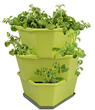 GUSTA GARDEN Paul Potato Starter Kartoffelturm - stapelbar - Hochbeet/Pflanzgefäß/Blumentopf für Balkon, Garten und Terrasse (3 Etagen, Grün) inkl. Untersetzer