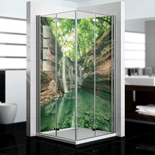 Dedeco 2x Premium Bad Duschrückwand mit Motiv: Wasserfall V5, 90x200cm mit UV-Lack matt, wasserfest, hochwertig fugenlose Wandverkleidung aus 3mm-Alu-Verbundplatte, Fliesenersatz ohne Bohren