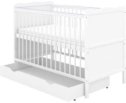 Baby Delux Babybett Kinderbett Juniorbett Jack 70x140 Weiß umbaubar mit Schublade Matratze und Beißschienen