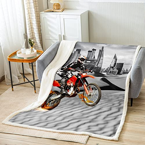 Tbrand Motorrad 3D Print Flanell Fleecedecke Grau Stadt Moto-Cross Kuscheldecke Modern Männer Jungs Microfaser Decke Decke 150x200cm für Sofa Jungen Mädchen Kinder