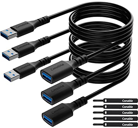 3 Pack USB 3.0 Extension Cable 6 Feet, USB A Male to Female Extender Cord, 5Gbps Data Transfer for Webcam, Printer, Keyboard, Mouse, Flash Drive, Hard Drive, Controller, Black Cable with 5 Cable Ties