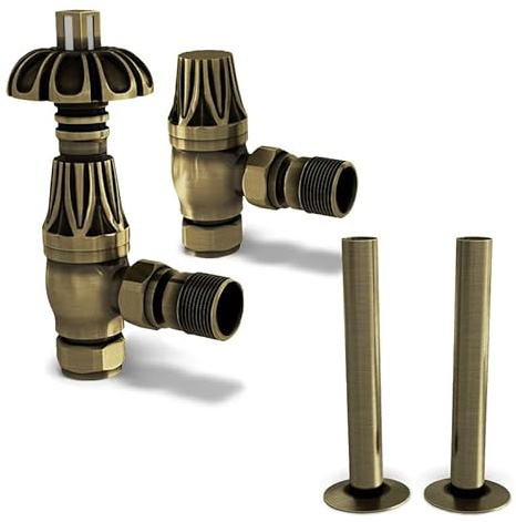 UK Radiators Antique Brass Thermostatic Radiator Valves and Angled Lockshield Valve - Brushed Antique Brass Finish - Traditional Design 1/2 x 15mm Metal Head Radiator Valves with 130mm Pipe Covers