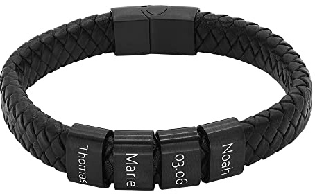 Heideman Armband Herren Titus Leder Edelstahl Gravur | Titus Herren-Lederarmband schwarz, schwarze Gravurplatten, Edelstahl, personalisierbar, Magnetverschluss, Geschenk für Männer