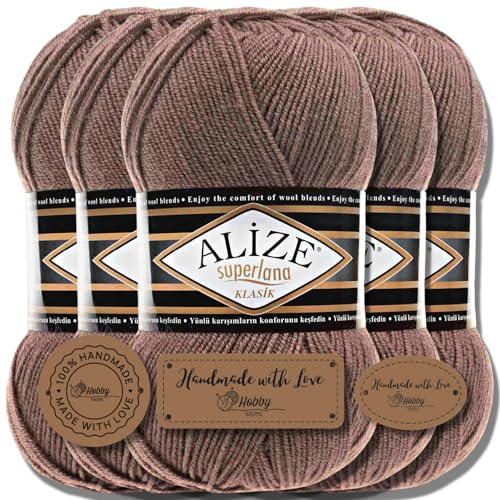 Hobby YARN 3x Etikettenlabel mit Alize Superlana Klasik Wolle Premium 5x100g als Set, Yarn, Garn, Strickgarn, Einfarbig, Baby, zum Häkeln, Stricken, Kleidung, Schals (Milky Brown - 584)
