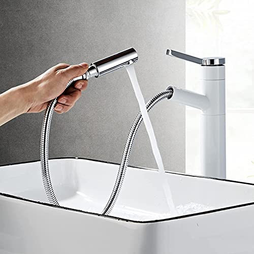 SXLSZ Wasserhahn Bad Ausziehbar Einhebelmischer Bad Waschtischarmatur mit Herausziehbarer Armaturen Waschbecken 360° Schwenkbar Weiß + Chrom,Hoch