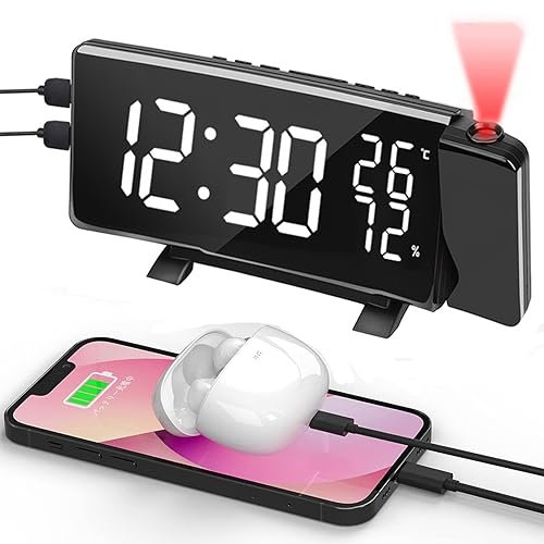 ExoticaBlend Projektionswecker Radiowecker mit Projektion USB-Anschluss Wecker mit Projektion Projektionsanzeige 2 Weckalarme 180° Projektor