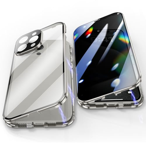 Jonwelsy Anti Peeping Hülle für iPhone 15 Pro, 360 Grad Schutz Case, Privatsphäre Gehärtetes Glas Anti-Spähen Cover, Stark Magnetische Adsorption Metallrahmen Handyhülle für iPhone 15 Pro (Silber)
