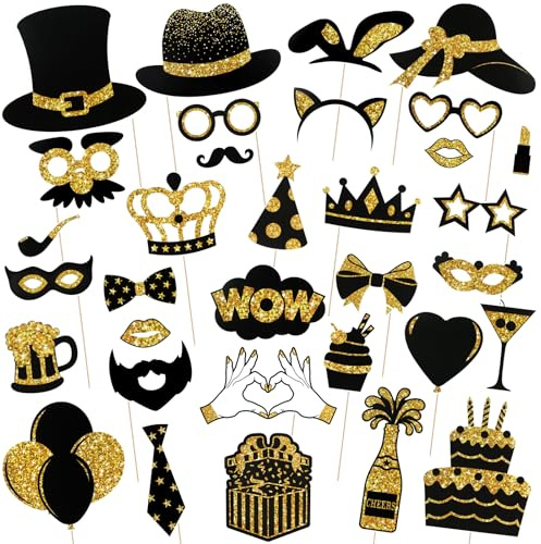 36PCS Black and Gold Photo Booth Prop, Birthday Party Photo Booth Props for Photoshoot Birthday Party Photobooth New Year Graduation Anniversary Party Supplies Black and Gold Graduation Decorations