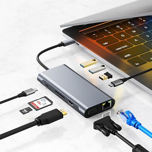 KUTEWEU Hub USB C con HDMI 4K/30Hz, Docking Station de 10 Puertos Tipo C para computadora portátil, RJ45, USB 3.0, USB 2.0, VGA, Tipo C 100W PD, Tarjetas SD/TF para MacBook/Windows/Mac (10-in-1 HUB)