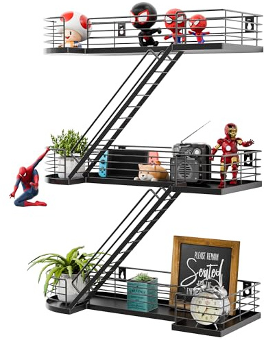 YEMNMFH Wandregal, 38,1 cm, schwarzes Metall, dekorative Regale, auffällige Figuren-Ausstellungsregal, Wandmontage, einzigartige Leiter, Heimdekoration für Krimskrams, Actionfigur, Schlafzimmer,