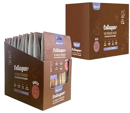 Record - Snack Premium per Cani Collagen+ Gusto Manzo. Tronchetti con alto valore proteico. Masticativi per cani ricchi di collagene. Senza coloranti, Confezione da 12 sacchetti da 60 g|(XS-S)