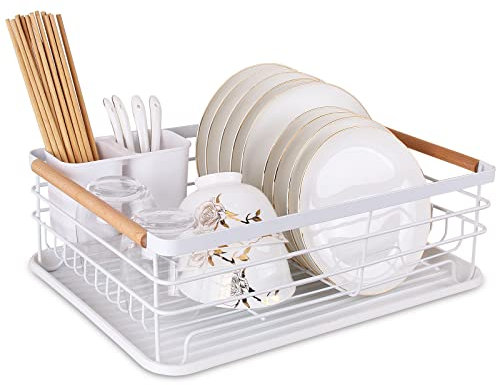 CZAOERXB Escurridor de Platos con Bandeja de Goteo extraíble – Organizador eficiente de Metal para secar Platos de Cocina con Asas de Madera – Estante para Platos y escurridores Ideales