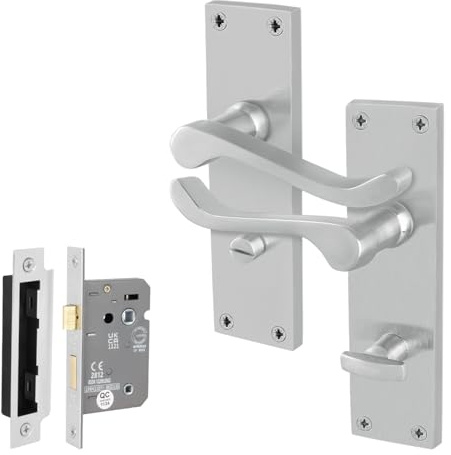 EAI Satin Victorian Scroll Bathroom Handle Set, 1 Pair Satin Chrome Internal Lever Door Handles on Backplate and Lock 64mm