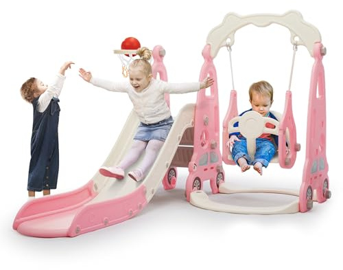 4 in 1 Slide Climber Swing Set, Freestanding Toddler Slide Climber Playset with Basketball Hoop, Toddler Playground Indoor Outdoor, Easy Setup (Pink)