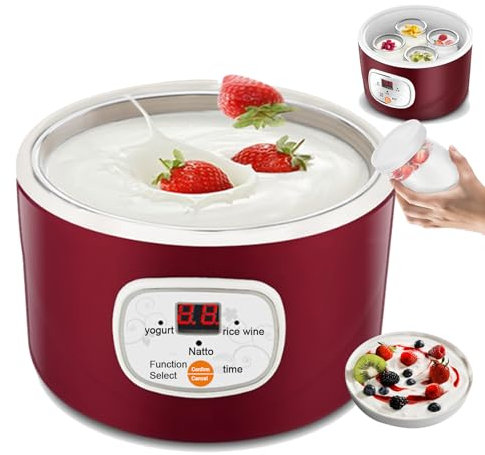 HEGGMKK Yogurtera Automática Eléctrica con Revestimiento De Acero Inoxidable + 4 Tazas De 100 Ml, Control Inteligente, Tiempo Ajustable/Temperatura, para Yogur/natto Casero,A
