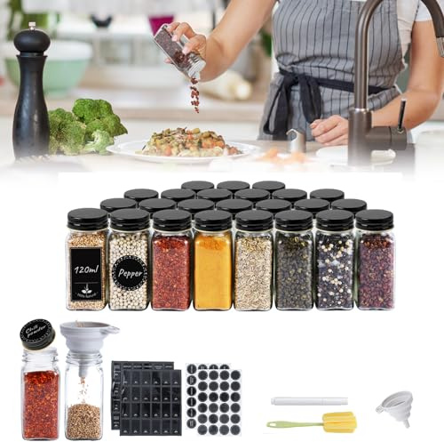 UISEBRT Lot de 12 pots à épices carrés I Conteneurs à épices avec étiquettes I Pots à épices en verre I 120ML I Conservation d'épices I Hermétique avec insert à saupoudrer, entonnoir, brosse de