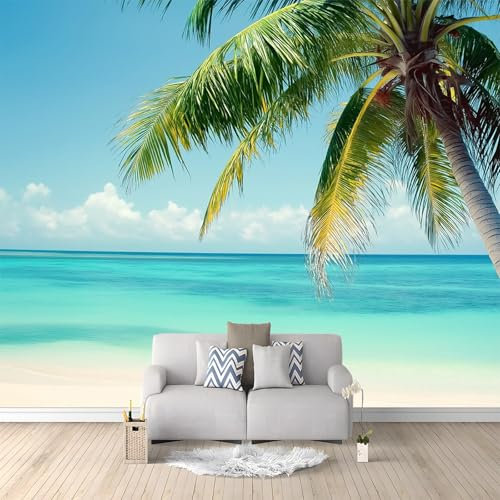 Papel Pintado 200 x 140 cm Paisaje Playa Palmeras Fotomurales Pared Tejido No Tejido Decorativos Murales Fotográfico Decoración de Paredes Salón Dormitorio Habitación de los Niños Azul Verde