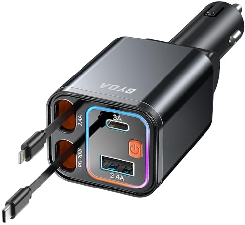 4-in-1 ausziehbarer Auto-Ladeadapter – 69W Zigarettenanzünder-Ladegerät, schnelles Autoladen mit 2 ausziehbaren Kabeln, Auto-Zubehör für iPhone 17/16/15/14/13/12/11 Serie (Lightning+USB C & RGB)